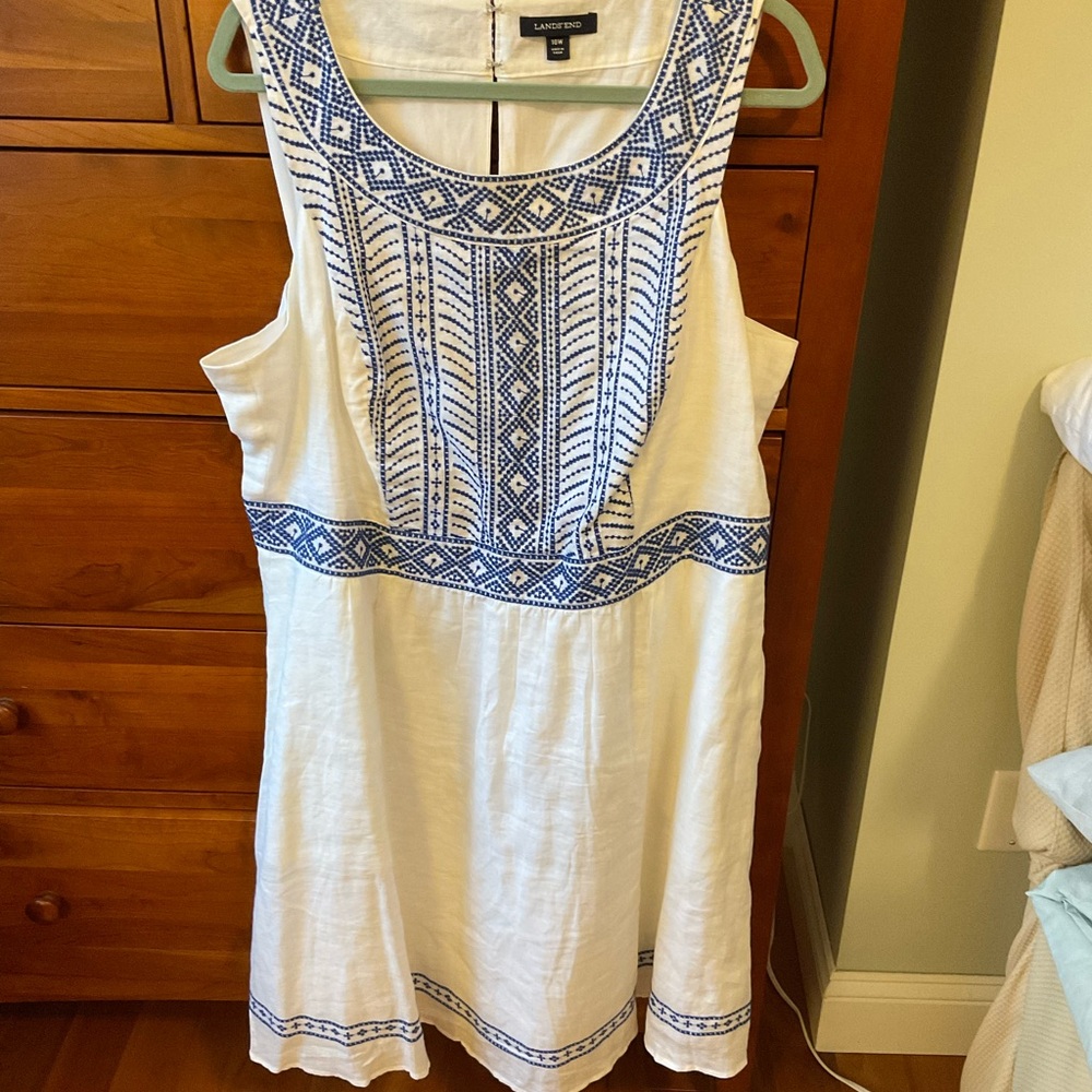Lands' End Grecian Inspired Embroidered Linen Dress 18W